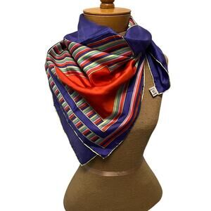Vintage scarf pure silk hand rolled edge multi color block striped fashion art